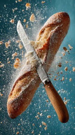 french baguette sprinkled with flour and a knife on a blue backgroundの素材