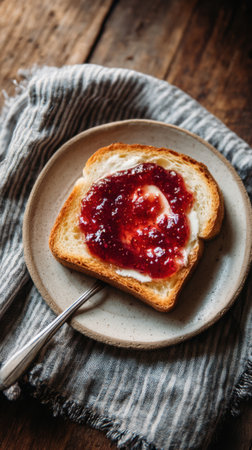 Toast with strawberry jam on a plate on a wooden background.の素材
