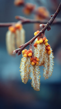 Close up of catkins on a tree in spring. Selective focus.の素材