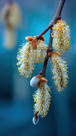 Blossoming willow branch in spring. Close up. Shallow depth of field.の素材