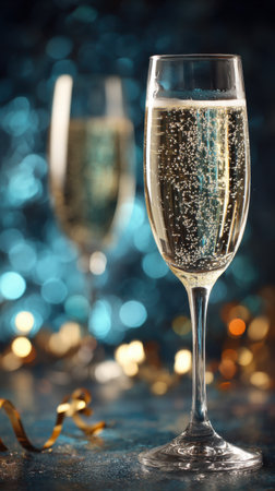 Glasses of champagne on blue bokeh background, closeupの素材