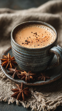 Cup of coffee with spices on rustic background, selective focusの素材