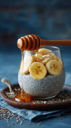 Chia seed pudding with banana and honey in a glass jar on a blue backgroundの素材