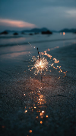 Burning sparkler on the beach at sunset. Bokehの素材