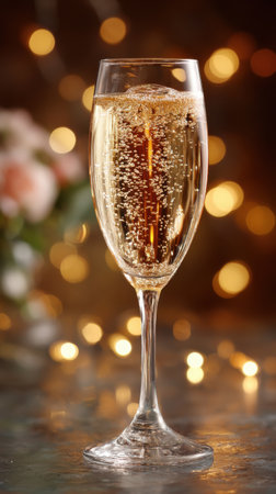 Champagne glass with bubbles on bokeh background, closeupの素材