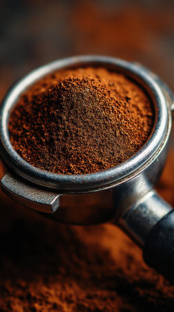 Coffee grinder with ground coffee on a brown background.の素材