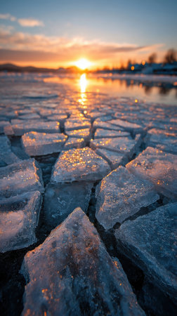 Ice floes on the frozen lake at sunset. Beautiful natural backgroundの素材