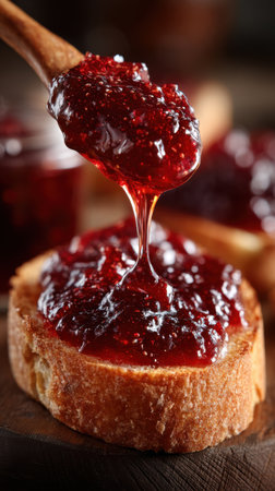 Delicious toast with jam on wooden table close-up, horizontalの素材