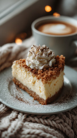 Cup of coffee with delicious cheesecake on table, closeupの素材