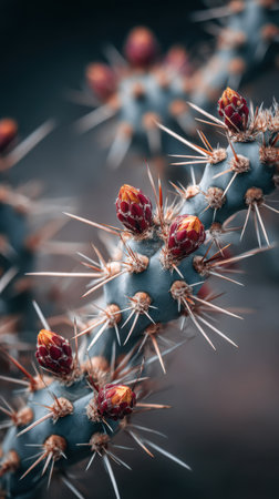 Close up of a cactus with red flowers. Toned.の素材