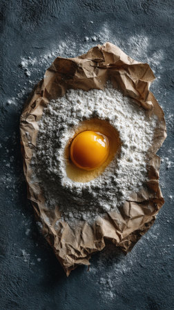 Raw egg on baking paper with flour on dark background, top viewの素材