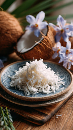 Coconut flakes in bowl and fresh coconut on wooden table, closeupの素材