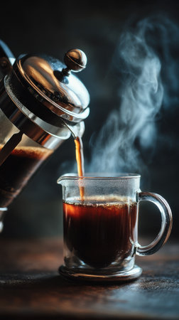 Coffee in a glass cup on a dark background with smoke.の素材