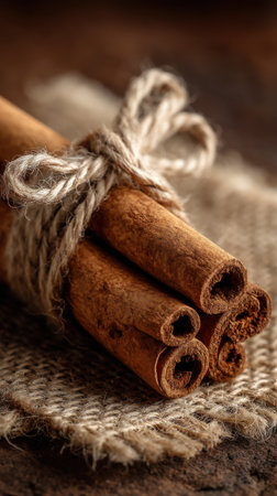 Cinnamon sticks tied with rope on burlap cloth on wooden backgroundの素材