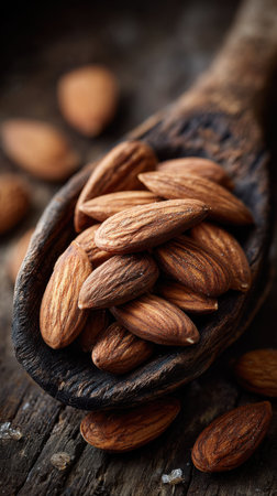 Almond nuts in wooden spoon on rustic background, closeupの素材