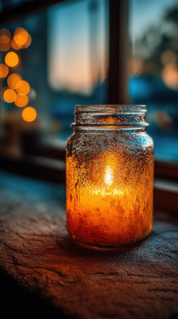 Candle light in a glass jar on the background of the windowの素材
