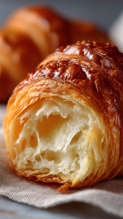 Croissant on a wooden table, close-up, selective focusの素材