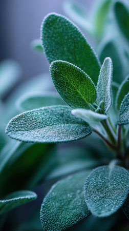 Close up of fresh sage leaves with dew drops. Selective focus.の素材