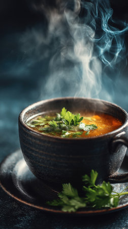 Cream soup with parsley in a bowl on a dark backgroundの素材