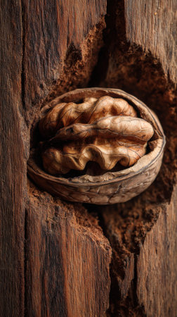 Walnut kernels and whole walnuts on wooden background, close upの素材