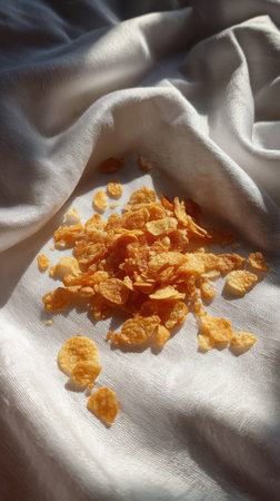 Cornflakes on a white fabric background. Cornflakes are scattered on the table.の素材