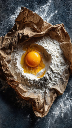 Raw egg yolk and flour on baking paper on dark background, top viewの素材