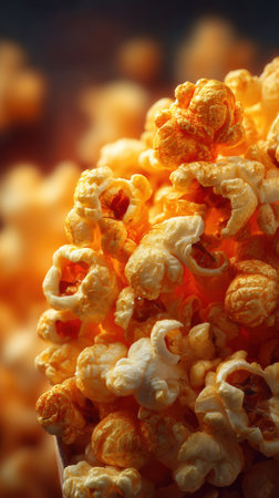 Popcorn close-up on a dark background. Selective focus.の素材