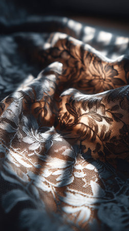 Lace fabric with floral pattern on a dark background. Selective focus.の素材