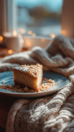 Slices of cake on a plate with a knitted scarf.の素材