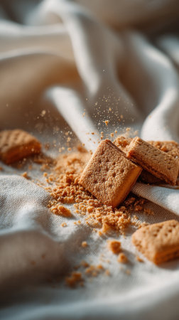 Biscuits with sugar on a white fabric background. Selective focus.の素材