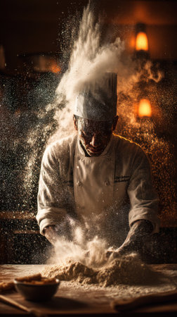 Chef kneading dough with flour in the kitchen at nightの素材