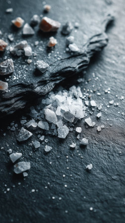 Variety of sea salt on a black slate. Toned.の素材