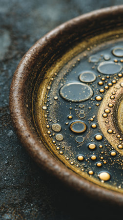 Ceramic bowl with water drops on dark background, closeupの素材