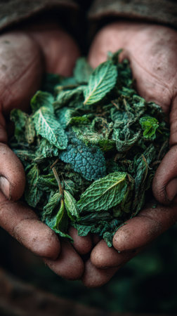 Fresh mint leaves in the hands of a farmer. Selective focus.の素材