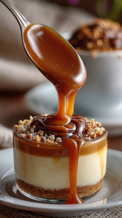cheesecake with caramel on a wooden background. tinting. selective focusの素材