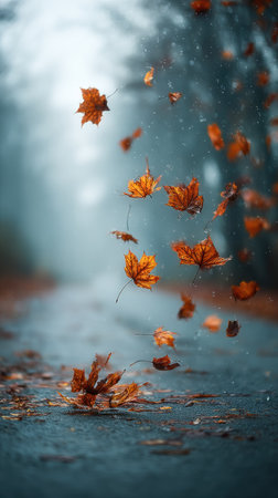 Fallen autumn leaves in a misty forest on a rainy dayの素材