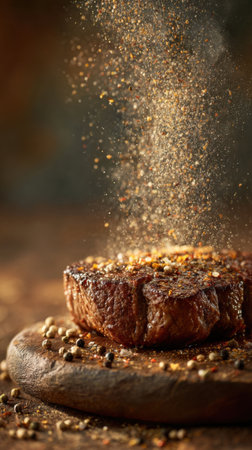 Grilled steak with spices on wooden table, closeup. Food backgroundの素材
