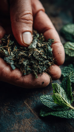 Mint leaves in the hands of a man. Dark background.の素材