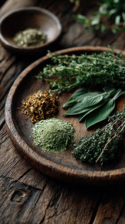 Herbs and spices selection on a dark rustic wooden background.の素材