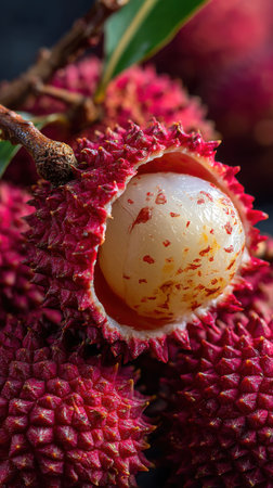 Fresh lychee fruits on black background. Close up view.の素材