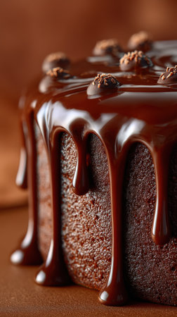 Chocolate cake with chocolate glaze on brown background, closeupの素材
