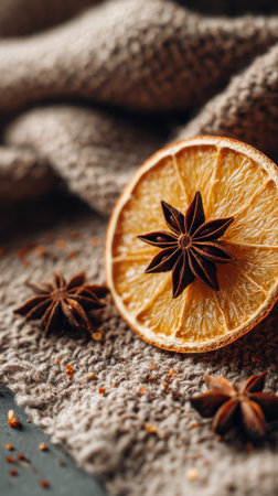 dried orange slices and star anise on a gray background, close-upの素材