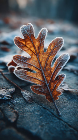 Frosted oak leaf on the ground in the autumn forest.の素材