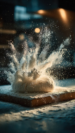 Raw dough with flour on dark background. Bakery concept. Selective focus.の素材