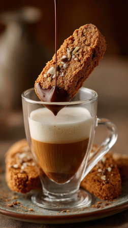 Cappuccino with chocolate and cookies on a wooden background.の素材