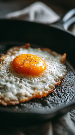 Fried eggs in a frying pan on a wooden background. Toned.の素材