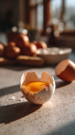 Broken eggshell on the kitchen table, shallow depth of fieldの素材