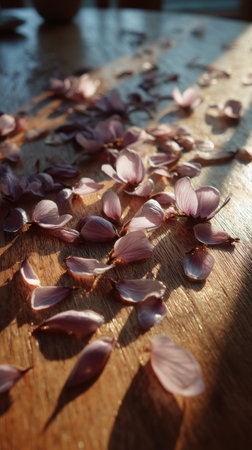 Cherry blossom petals on wooden background. Selective focus.の素材