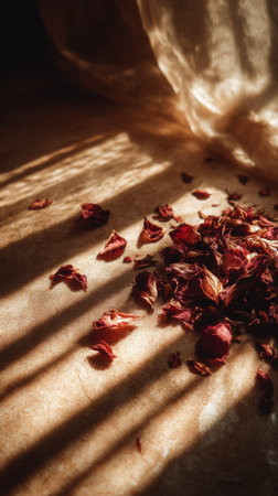 Dried rose petals on a paper background. Selective focus.の素材
