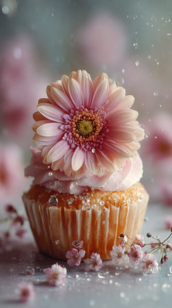Delicious cupcake with pink gerbera on a light backgroundの素材